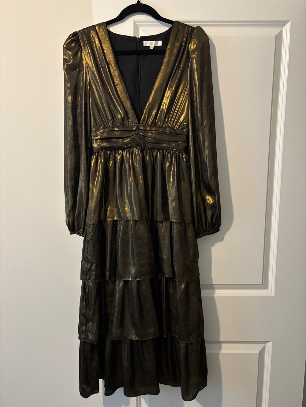 Wayf Metallic Gold-Black Tiered V-Neck Midi Dress
